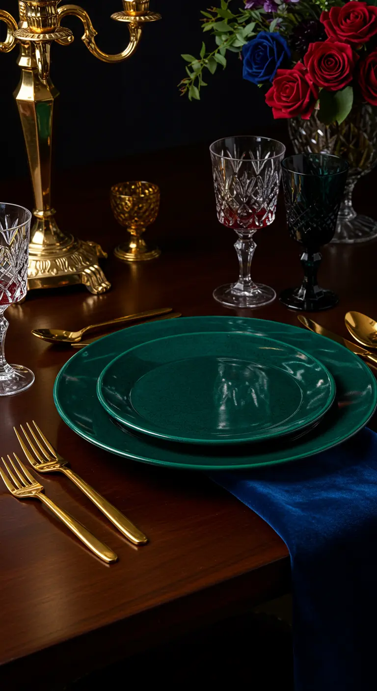 Assiettes vertes sur un chemin de table en velours avec des couverts dorés.