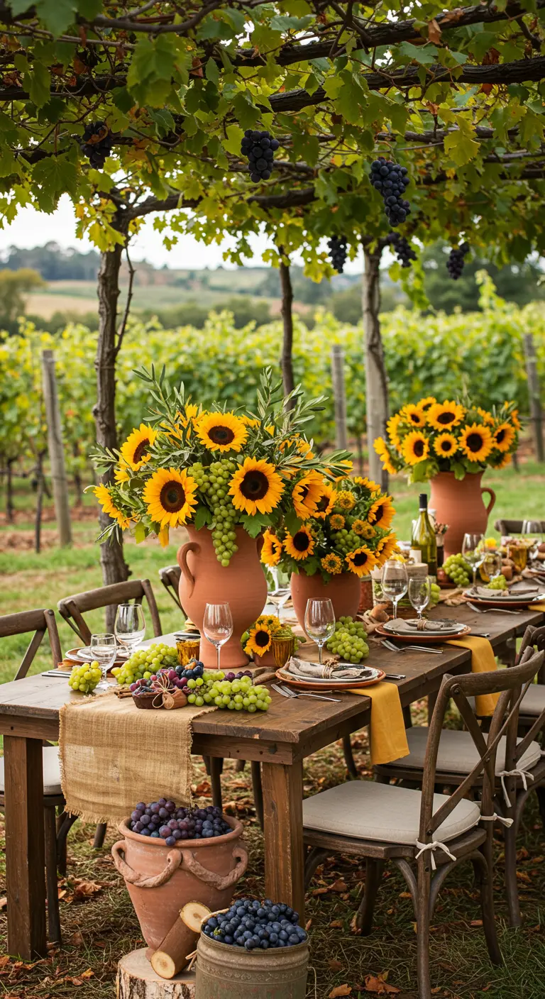 Table de fête rustique dans un vignoble, décorée de tournesols et de grappes de raisin.