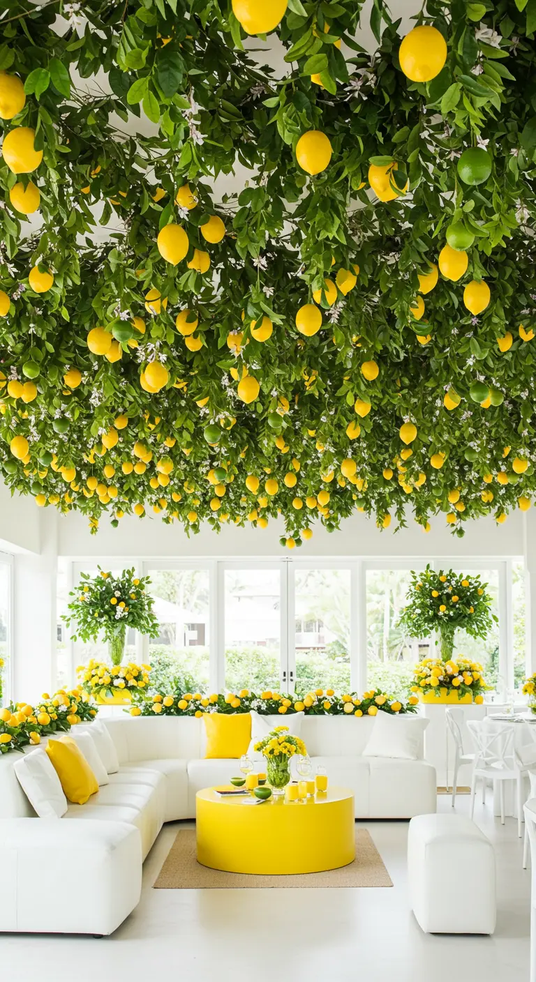 Plafond d'une pièce blanche entièrement couvert de branches de citronniers avec des citrons jaunes.