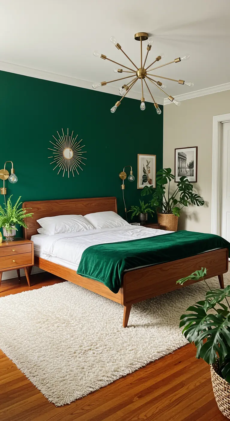 Chambre mid-century avec mur vert forêt, lit en bois de teck et lustre sputnik en laiton.