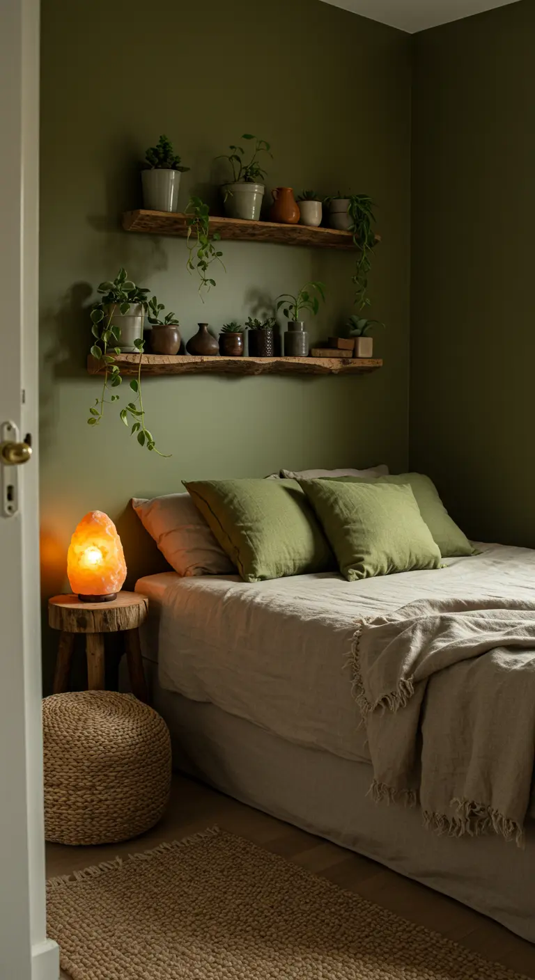 Petite chambre confortable avec des murs vert olive, des étagères en bois et une lampe de sel.