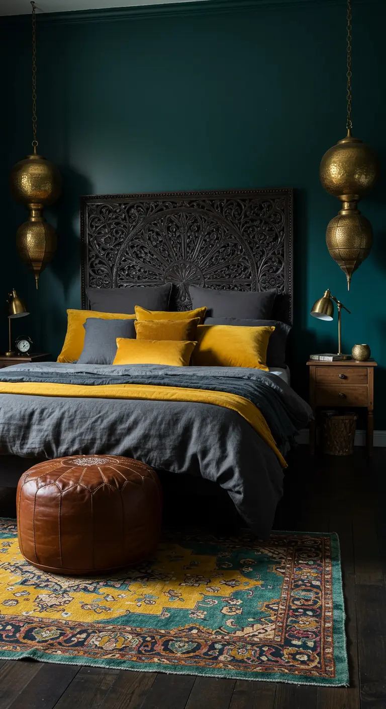 Chambre sombre avec mur vert paon, lit avec coussins ocre et suspensions en laiton.