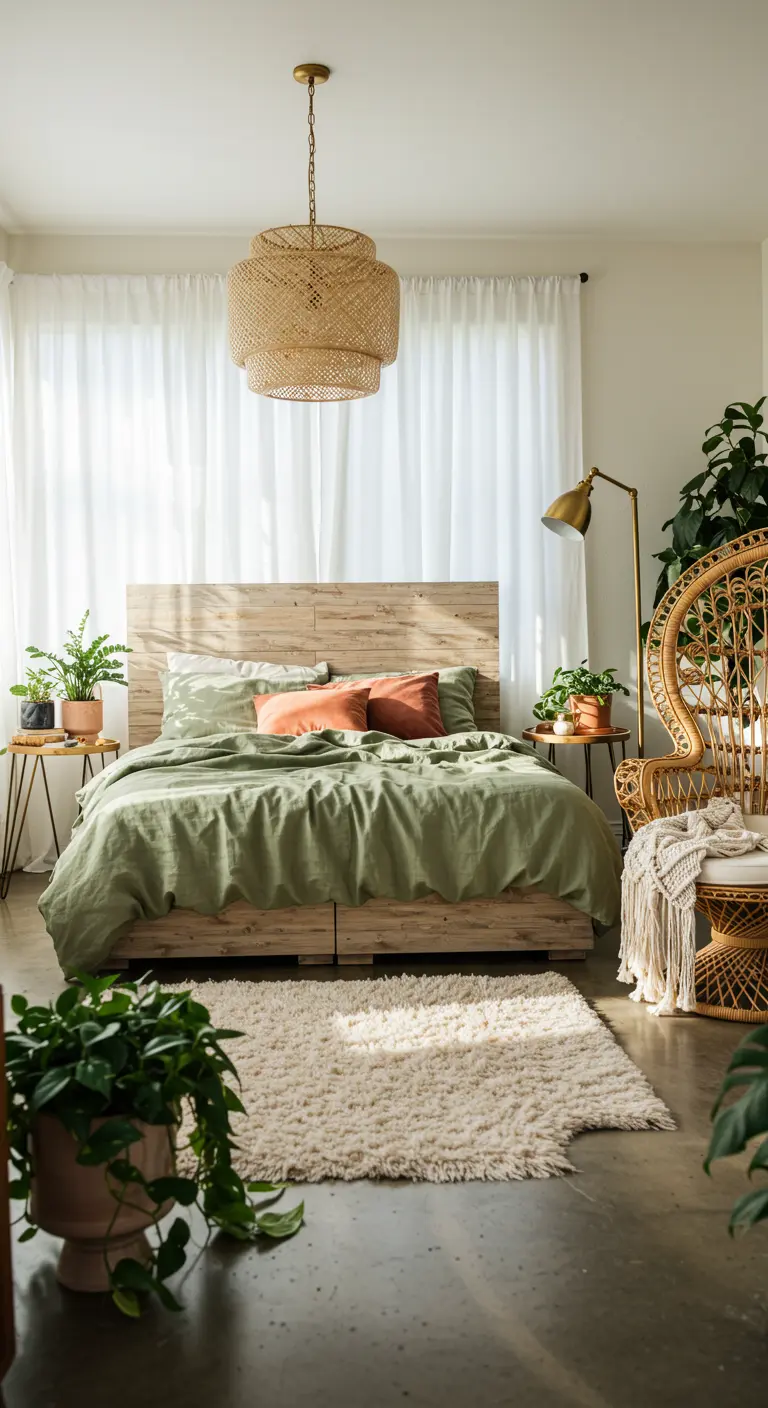 Chambre bohème avec lit en bois, parure vert sauge, tapis shaggy et plantes vertes.