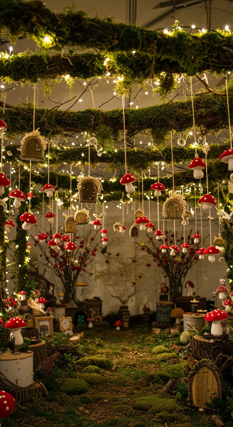 Décor de forêt enchantée avec des champignons, des maisons de fées et des lumières suspendues.