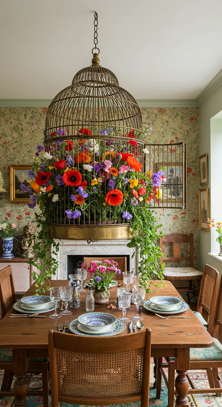 Une grande cage à oiseaux vintage remplie d'une explosion de fleurs colorées.