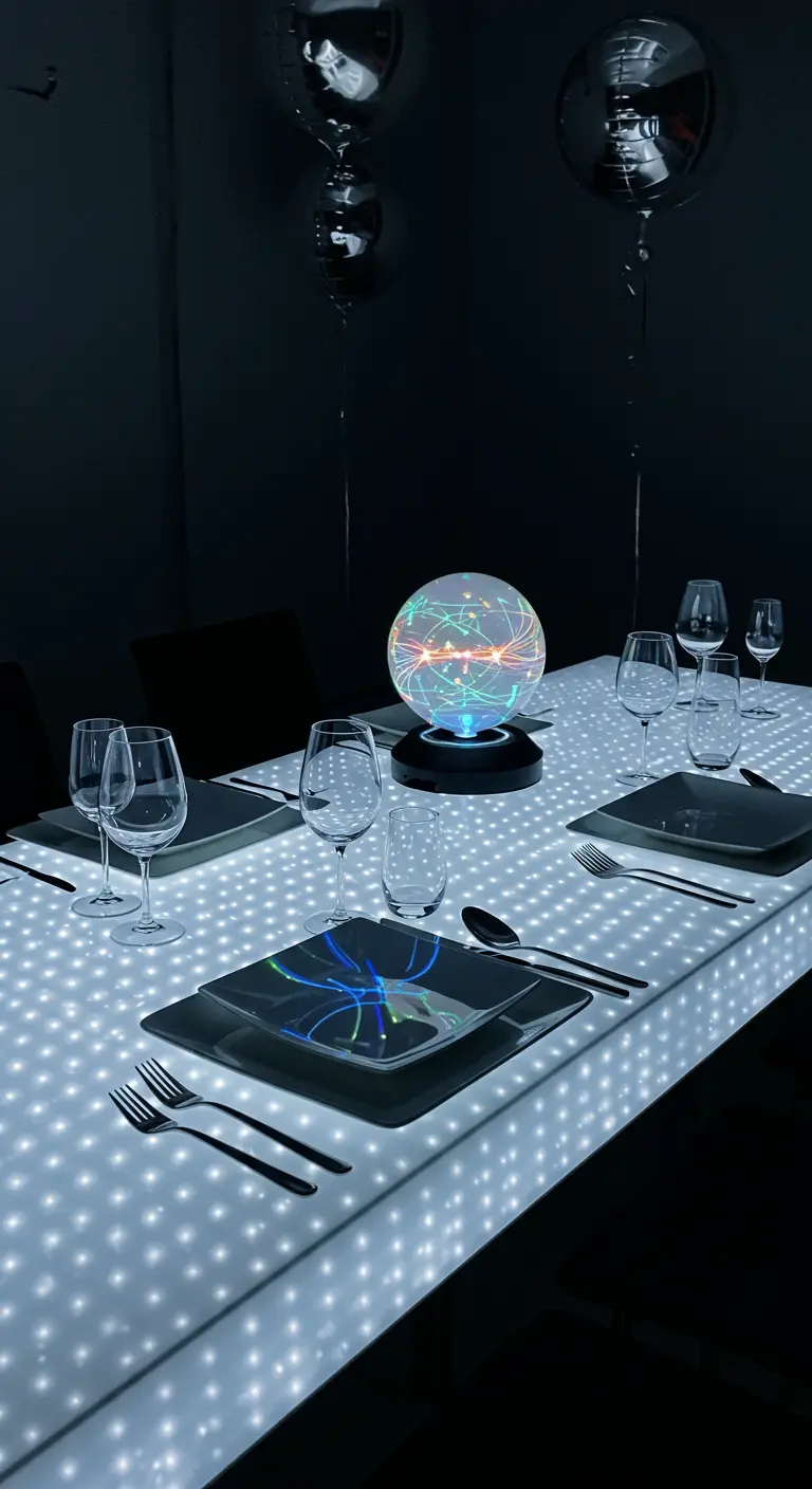Table de fête futuriste avec une surface lumineuse à LED et une lampe plasma au centre.