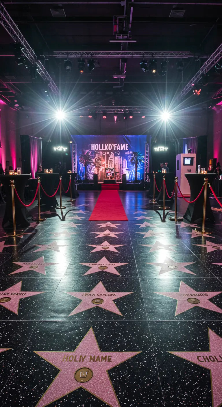 Piste de danse décorée d'étoiles du Walk of Fame avec des noms.