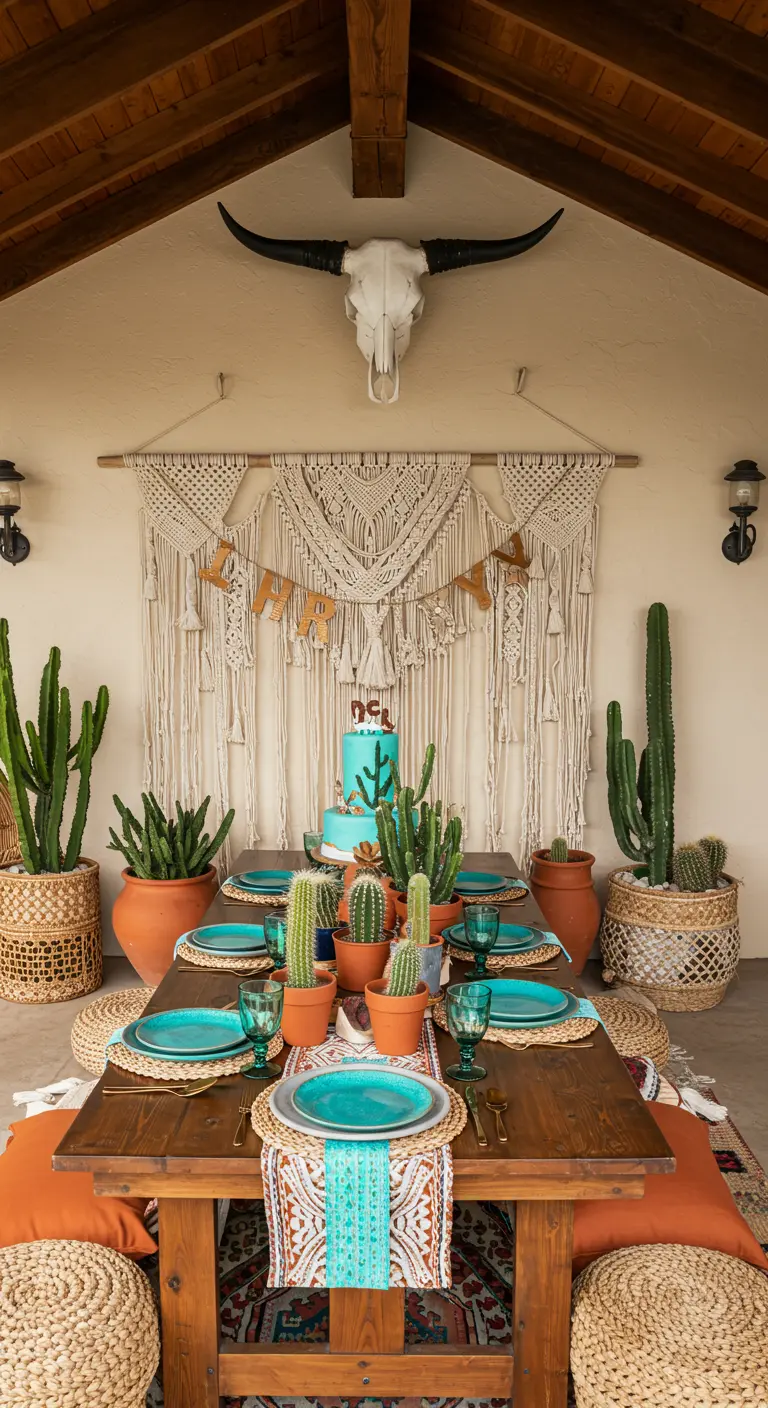 Décoration de fête d'inspiration western bohème avec macramé, cactus et touches de turquoise.
