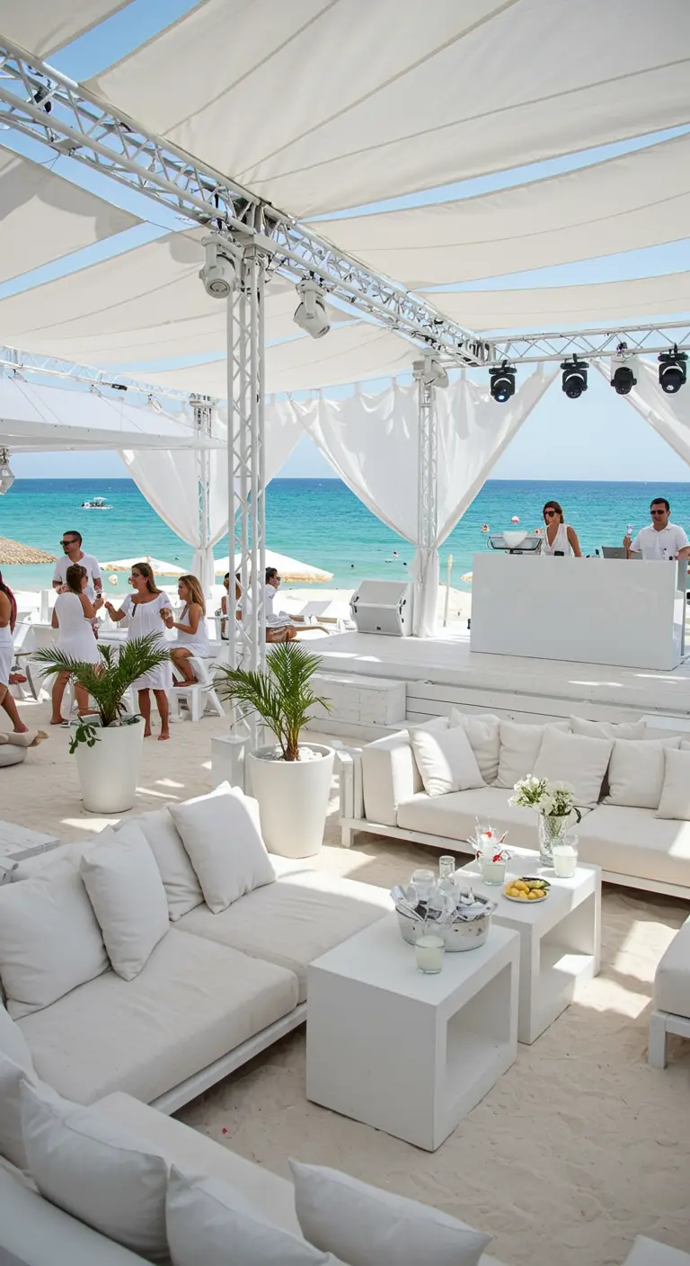 Lounge de plage entièrement blanc avec des canapés, des voilages et un DJ.