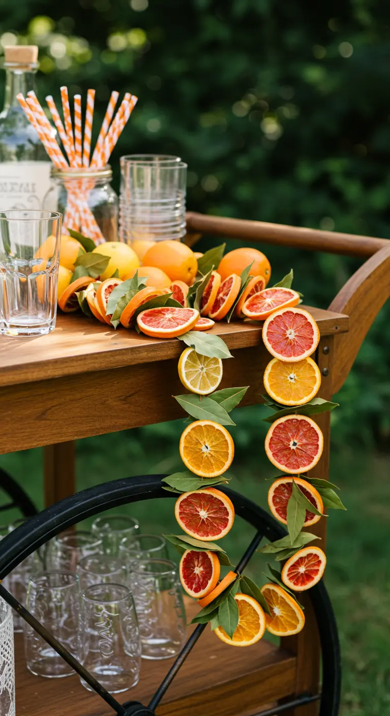 Une guirlande faite de rondelles d'agrumes colorés décorant un chariot de bar en bois.